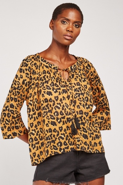 Tie Up Neck Leopard Print Top