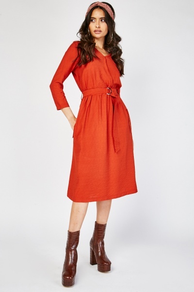 V-Neck Belted Midi Dress