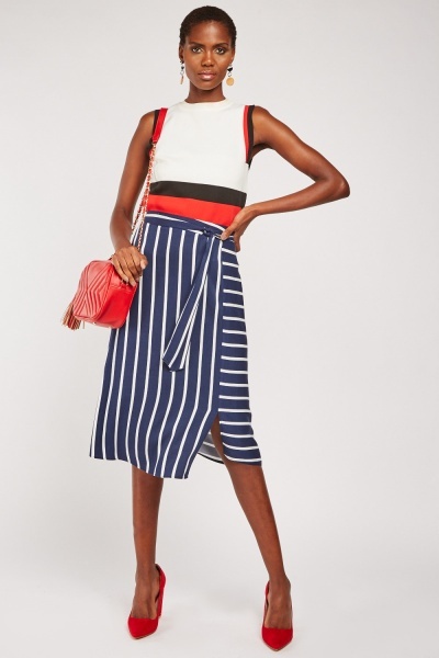 Asymmetric Striped Midi Skirt