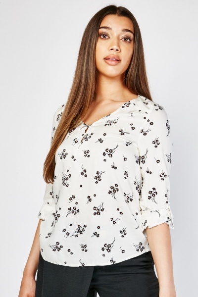 Button Front Flower Print Blouse