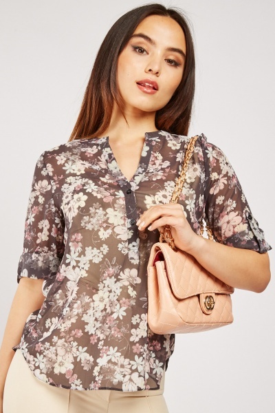 Floral Print Adjustable Sleeve Blouse