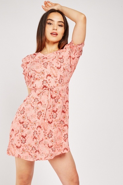 Printed Ruched Sleeve Tea Dress