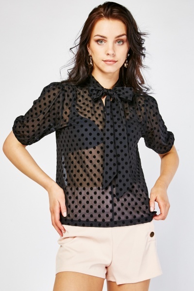 Pussybow Neck Devore Polka Dot Top