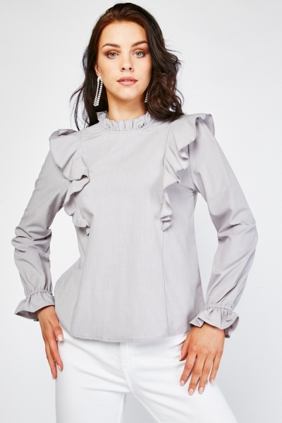 Ruffle Trim Grey Blouse