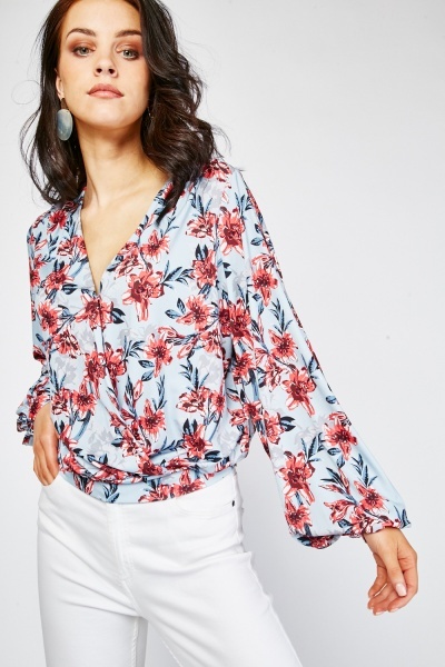 Floral Pattern Wrap Blouse