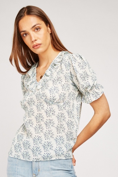 Printed Ruffle Neckline Top