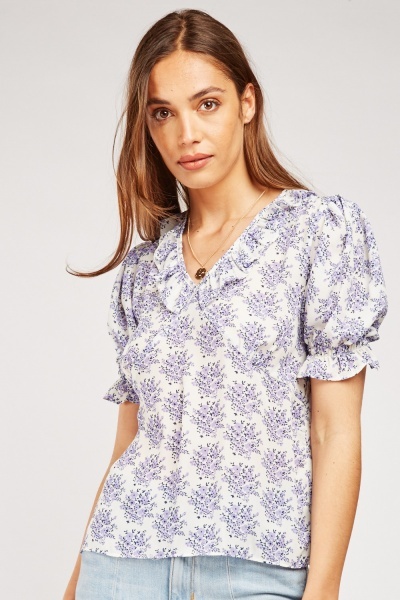 Printed Ruffle Neckline Top