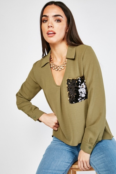 Sequin Pocket Front Top