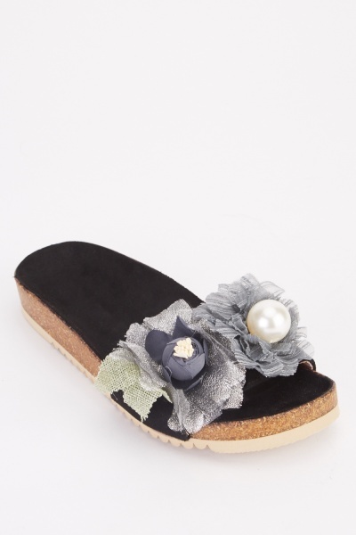3D Flower Applique Slide Sandals
