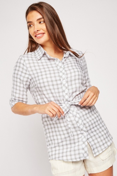 Belted Grid Check Cotton Shirt