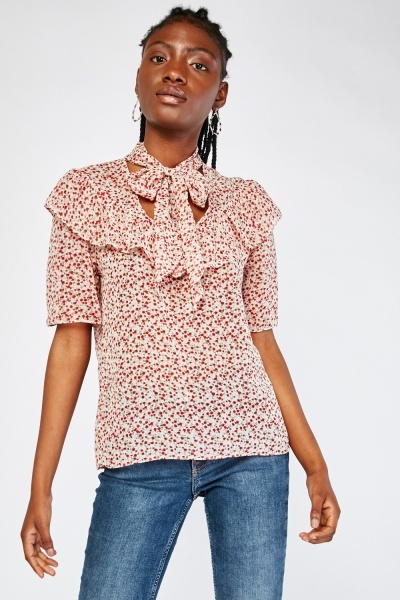 Printed Chiffon Pussybow Neck Top