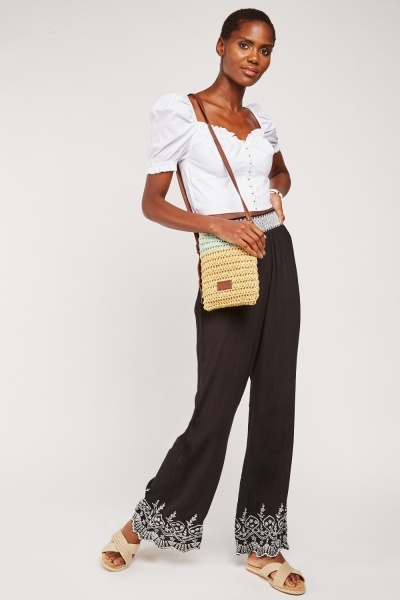 Embroidered Trim Wide Leg Trousers