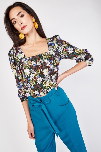 Printed Square Neck Crop Blouse
