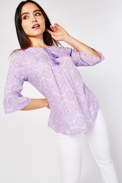 Tassel Neck Front Print Blouse