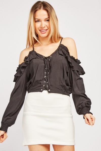 Lace Up Cold Shoulder Ruffle Blouse