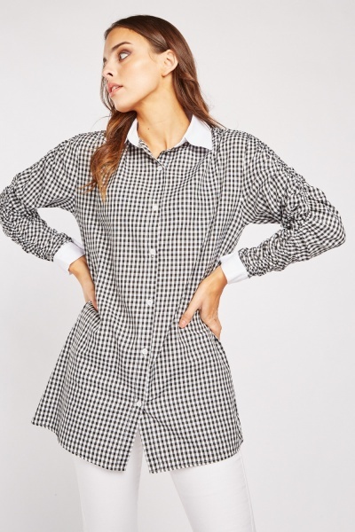 Ruched Sleeve Gingham Shirt