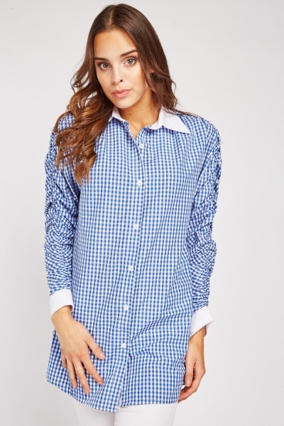 Ruched Sleeve Gingham Shirt