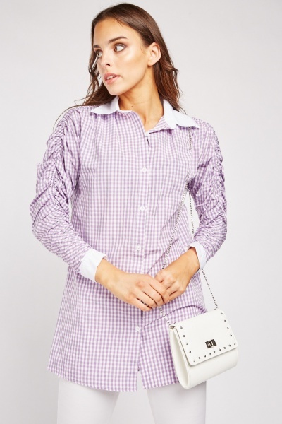 Ruched Sleeve Gingham Shirt