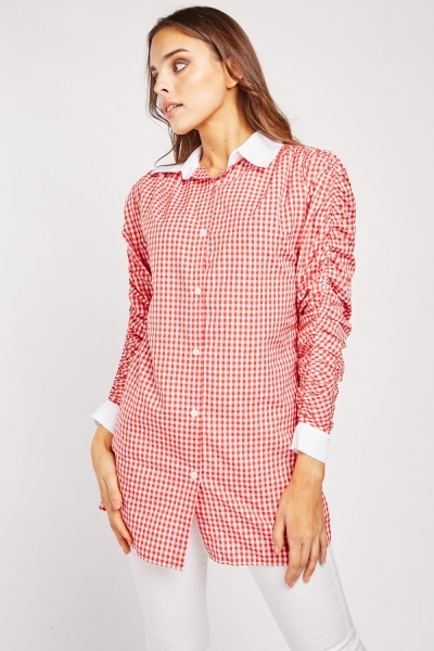 Ruched Sleeve Gingham Shirt