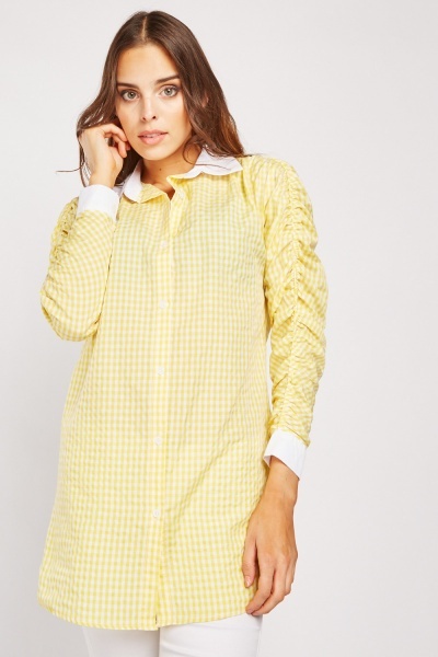 Ruched Sleeve Gingham Shirt