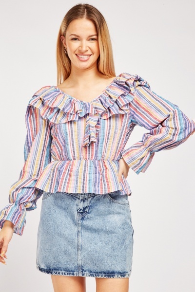 Multi Striped Ruffle Blouse