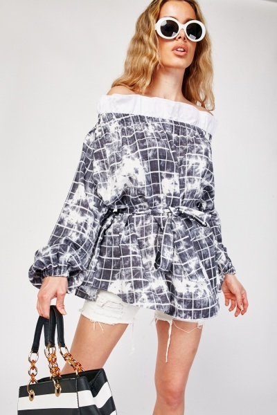 Off Shoulder Windowpane Contrast Top