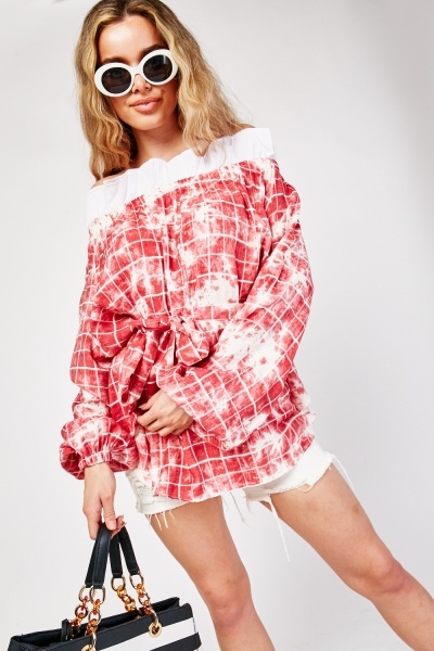 Off Shoulder Windowpane Contrast Top