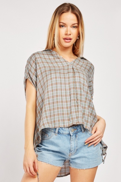 Tie Up Hem Slouchy Plaid Top