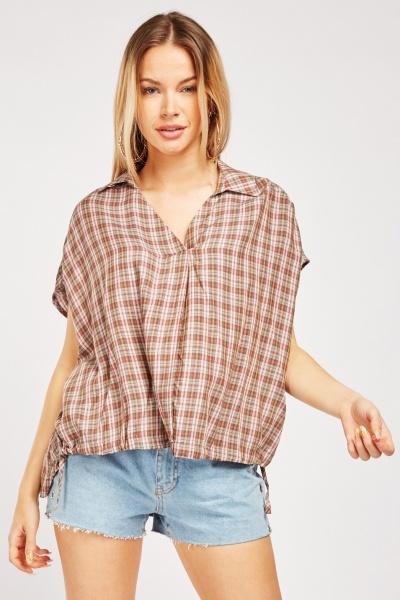 Tie Up Hem Slouchy Plaid Top