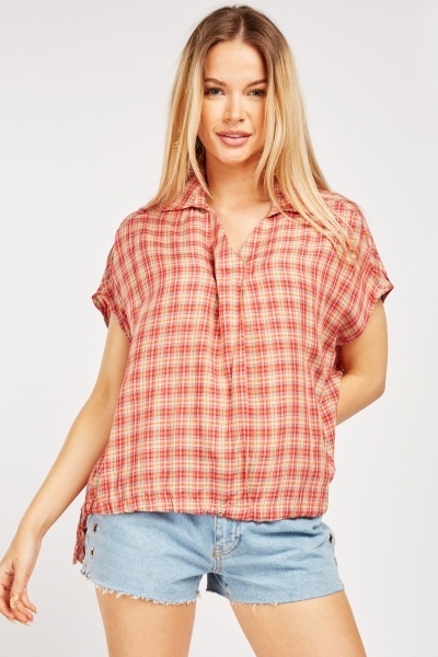 Tie Up Hem Slouchy Plaid Top