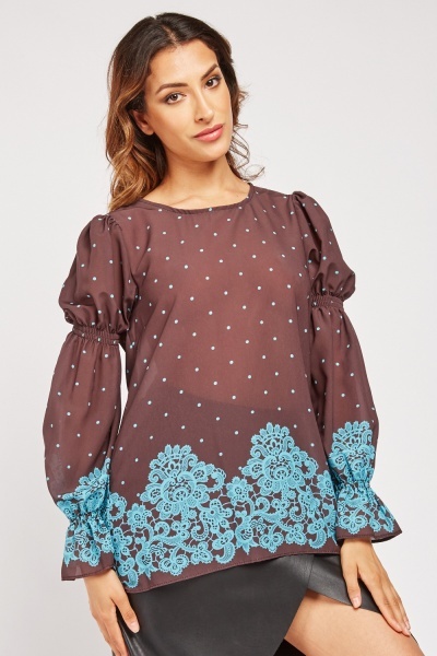 Lace Print Long Sleeve Blouse