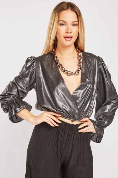 Shimmery Crop Wrap Blouse