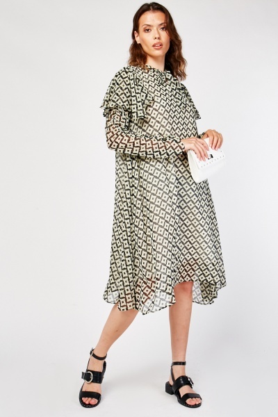 Ruffle Sleeve Panel Sheer Printed Dress