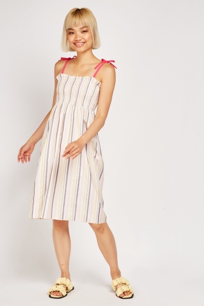 Striped Tie Up Straps Shirred Dress