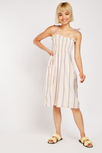 Striped Tie Up Straps Shirred Dress