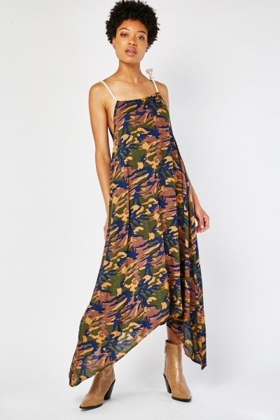 Rope Strap Camouflage Asymmetric Dress