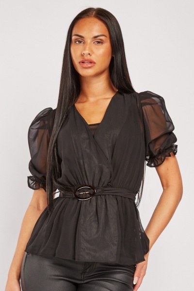 Tortoise Shell Belted Wrap Top