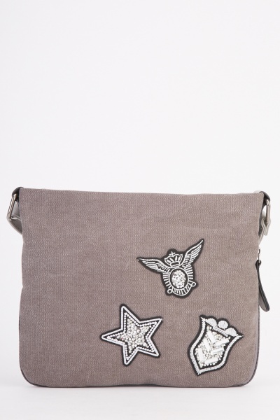 Zip Trim Embroidered Patch Shoulder Bag