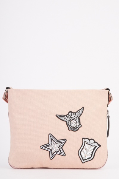 Zip Trim Embroidered Patch Shoulder Bag