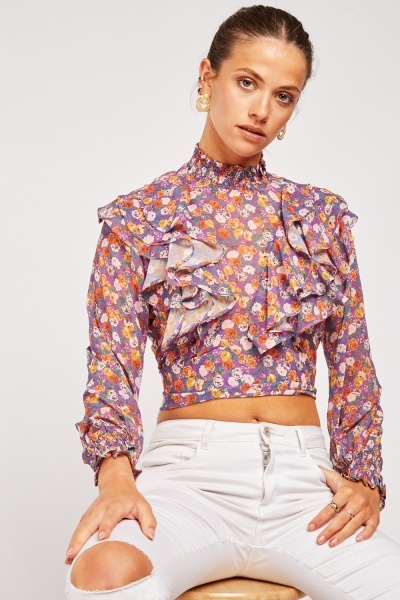 Flower Print Chiffon Ruffle Top