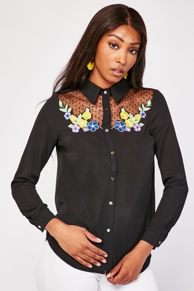 Embroidered Mesh Insert Shirt