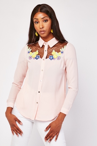 Embroidered Mesh Insert Shirt