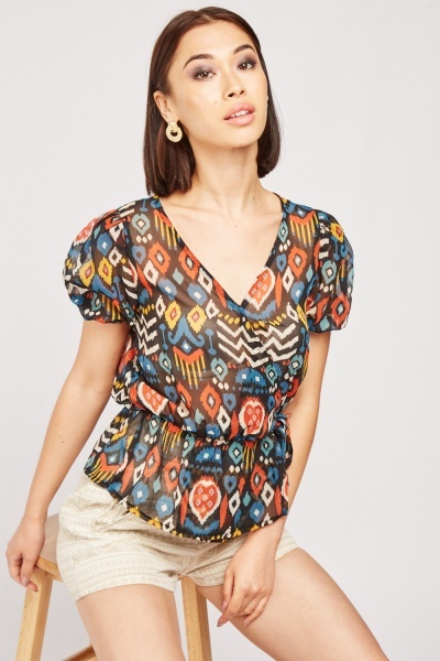 Sheer Chiffon Aztec Print Top