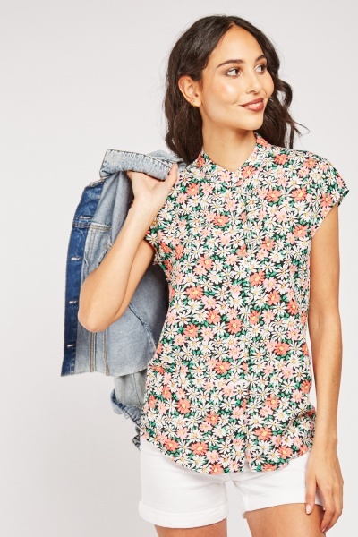 Floral Print Mandarin Collar Top