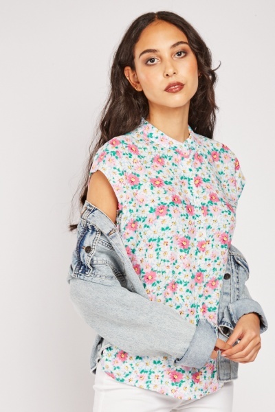 Floral Print Mandarin Collar Top