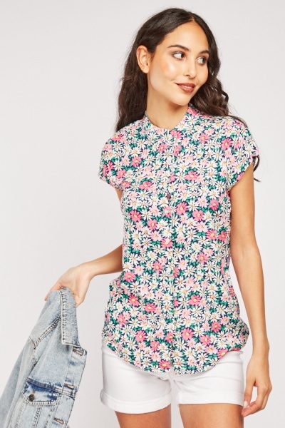 Floral Print Mandarin Collar Top