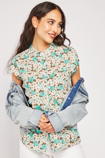 Floral Print Mandarin Collar Top