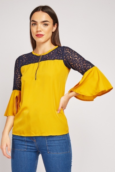 Lace Insert Bell Sleeve Top