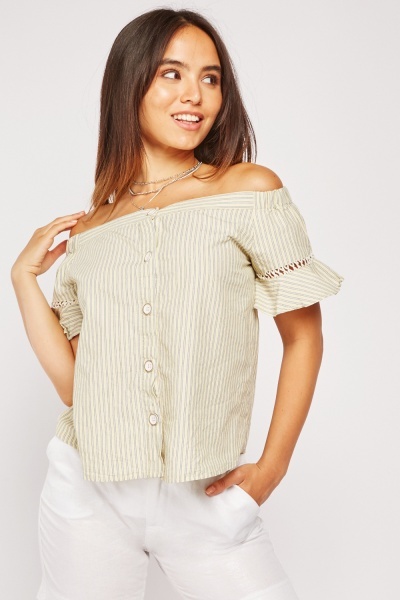 Striped Ruffle Bardot Cotton Top