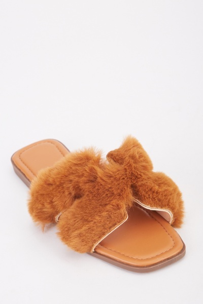 Cut Out Faux Fur Slide Sandals
